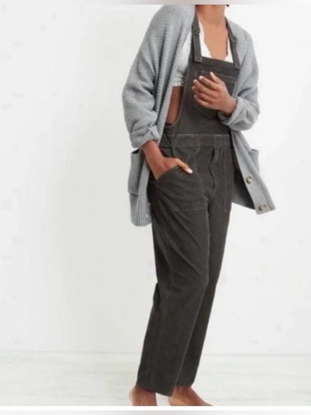 Aerie Black Corduroy Overalls - Relaxed Fit with Raw Hem - Small